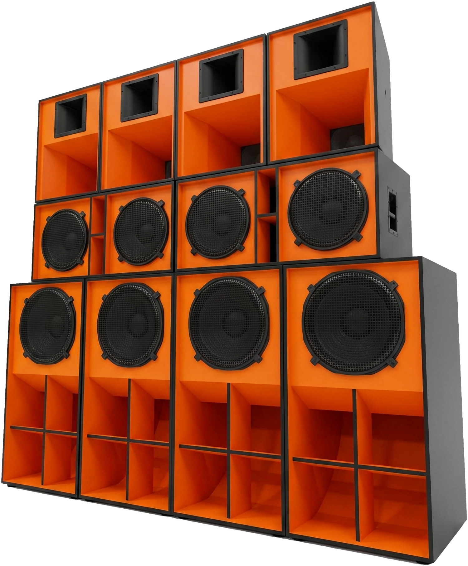 The Orange Beast: vier orangefarbene Kabinettsäulen mit Horn, Mitteltönern und Bassreflex-Subwoofern, freigestellt